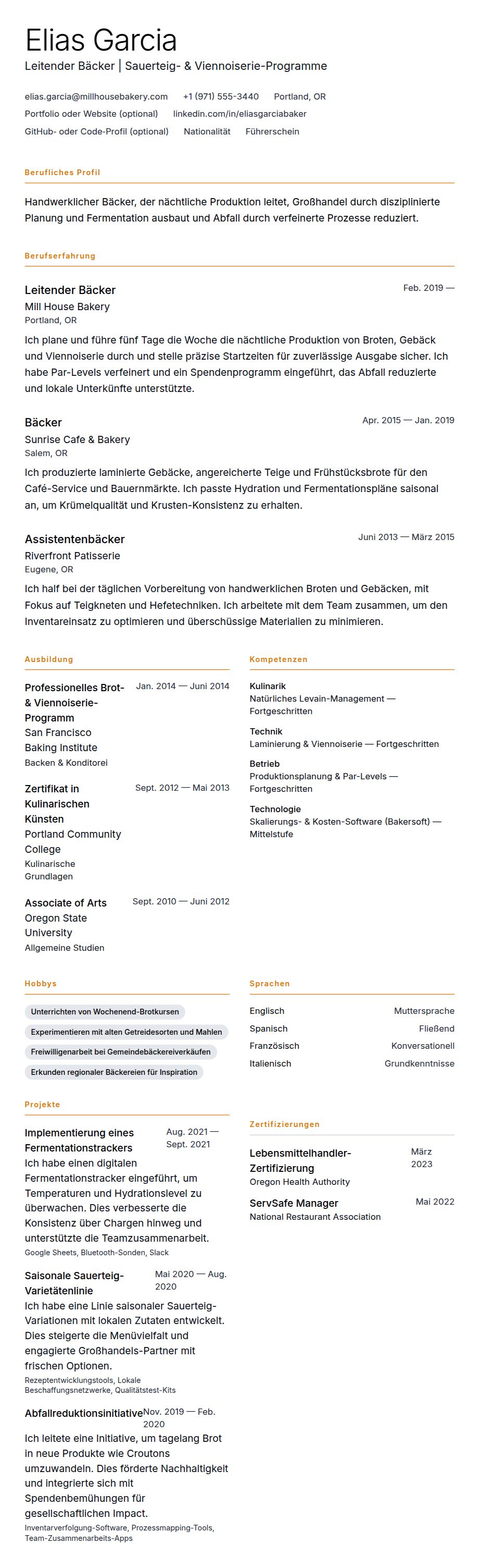 Lebenslaufvorschau für Bäcker-Lebenslauf-Beispiel
