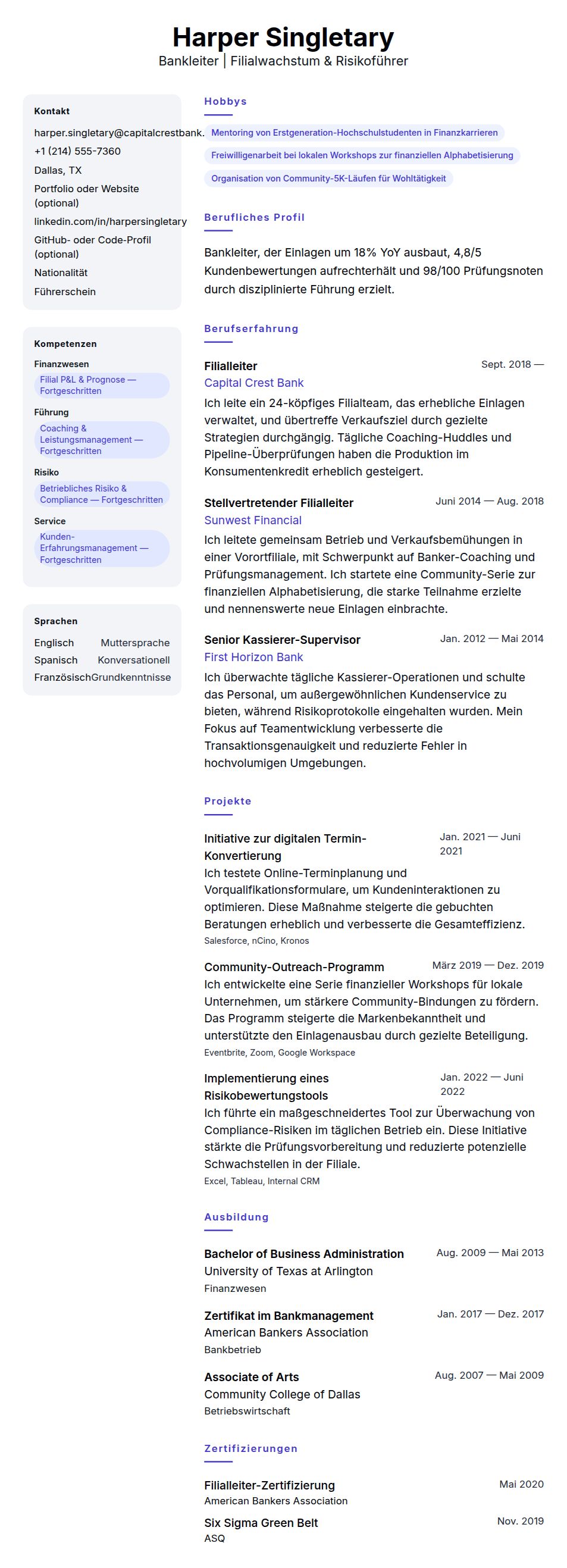 Lebenslaufvorschau für Bankleiter Lebenslaufbeispiel