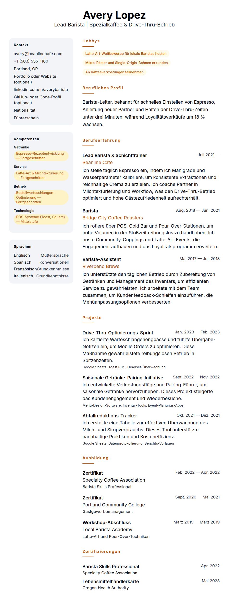 Barista-Lebenslauf-Beispiel