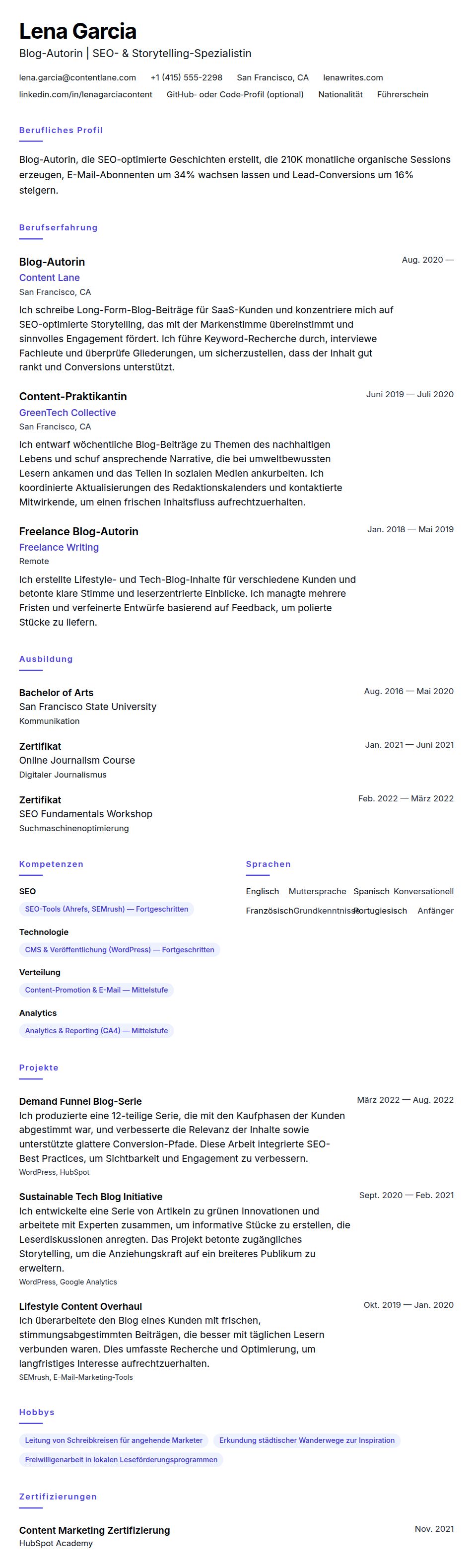 Lebenslaufvorschau für Blog-Autor Lebenslauf-Beispiel