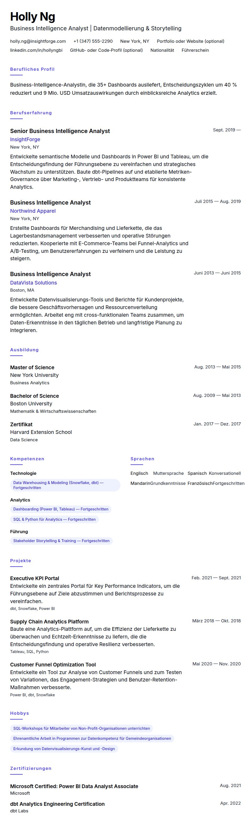 Lebenslaufvorschau für Business Intelligence Analyst Lebenslaufbeispiel