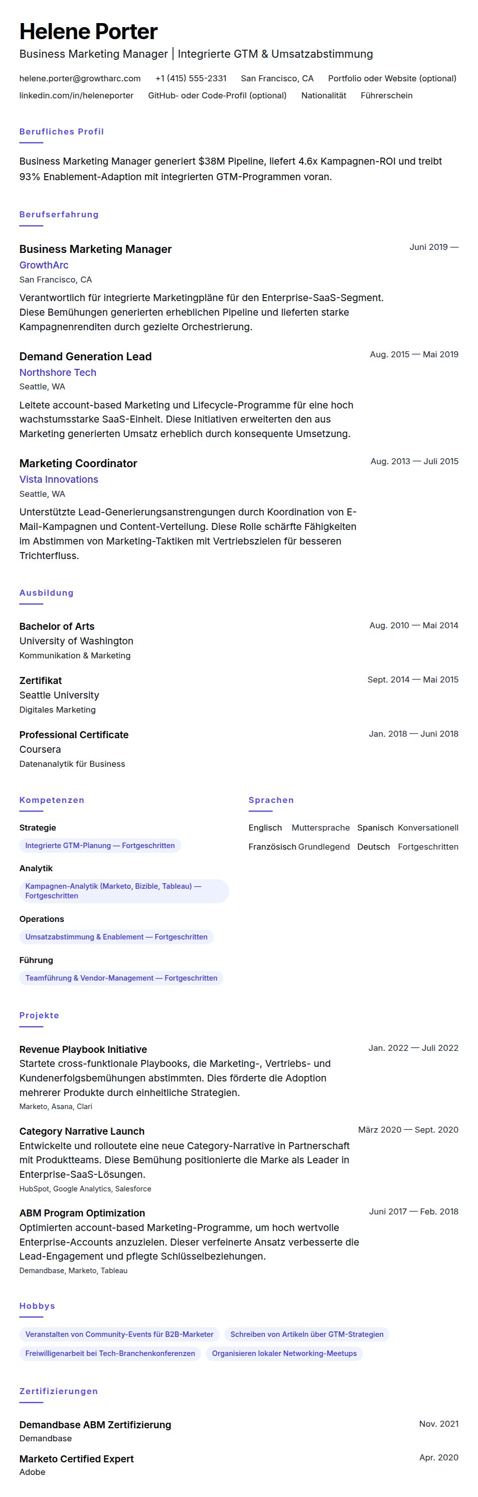 Lebenslaufvorschau für Business Marketing Manager Lebenslaufbeispiel