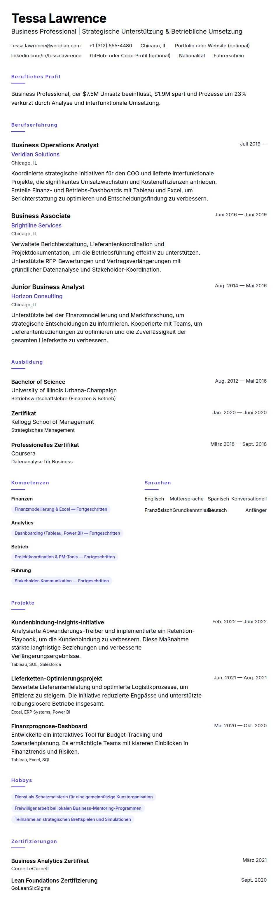 Lebenslaufvorschau für Beispiel-Lebenslauf für Business Professionals