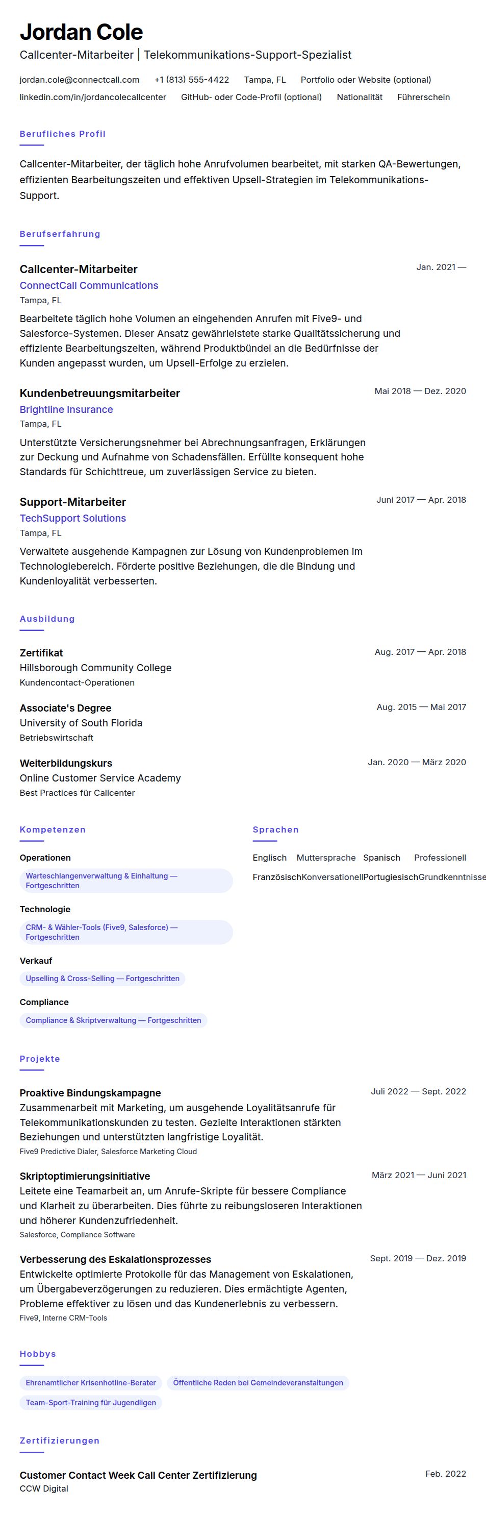 Lebenslaufvorschau für Lebenslaufbeispiel für Callcenter-Mitarbeiter