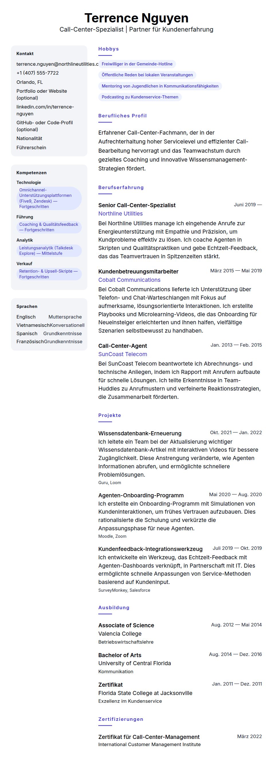 Lebenslaufvorschau für Lebenslaufbeispiel für Call-Center-Fachkräfte