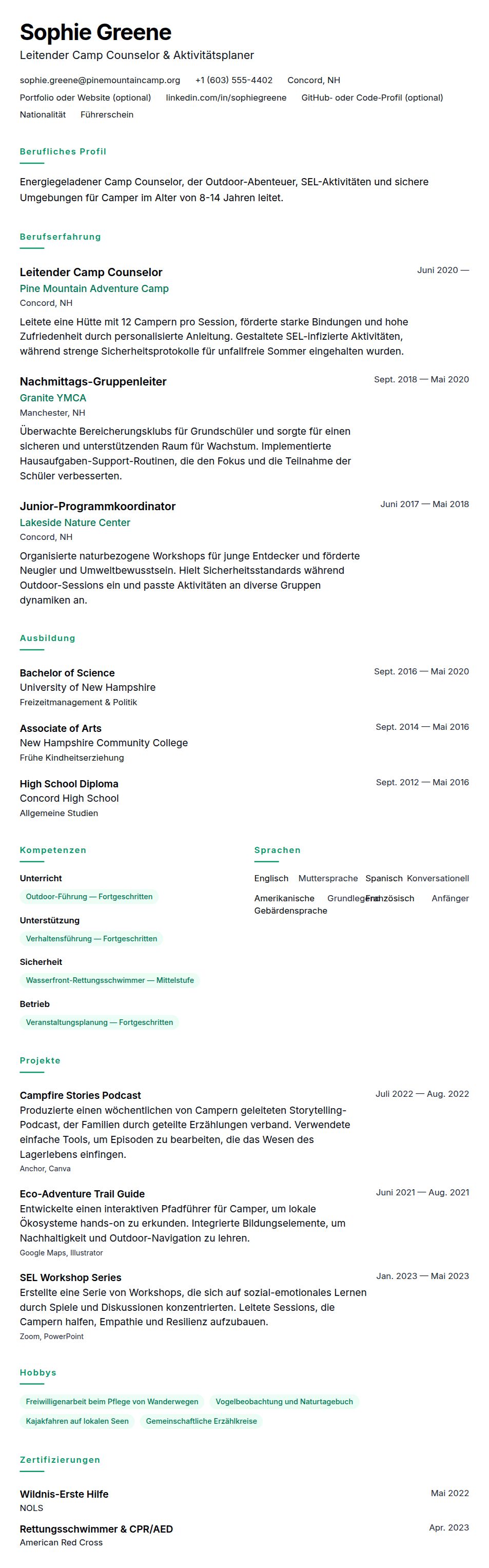 Beispiel-Lebenslauf für Camp Counselor