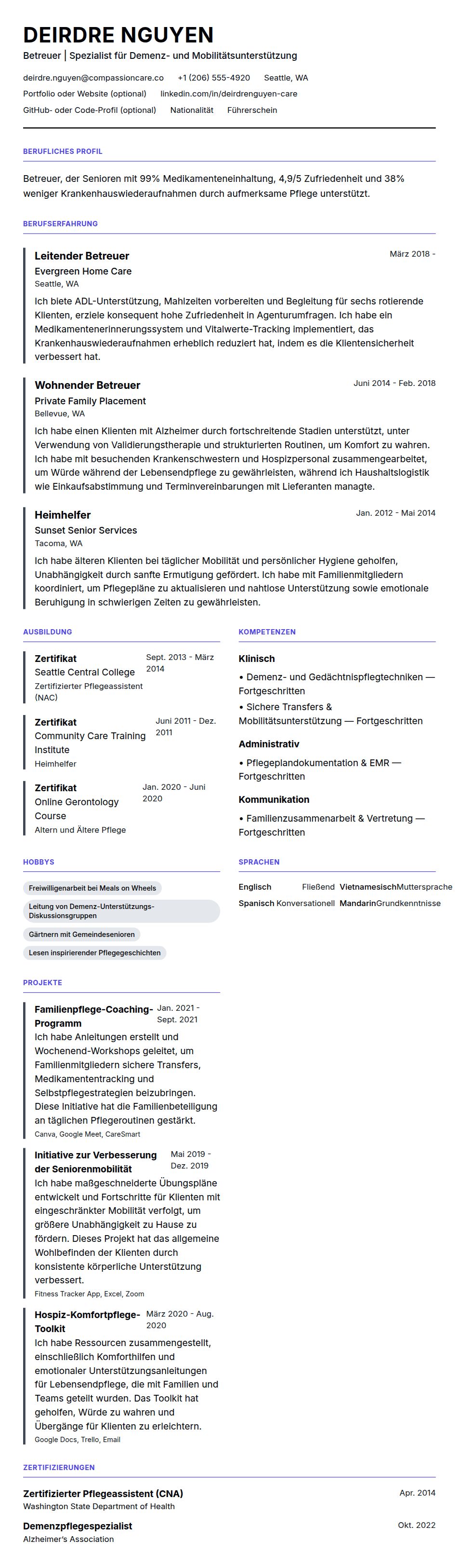 Lebenslaufvorschau für Betreuer-Lebenslauf-Beispiel