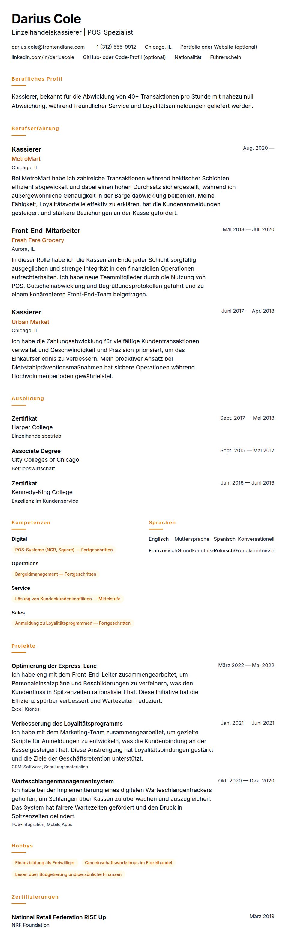 Lebenslaufvorschau für Kassierer-Lebenslauf-Beispiel