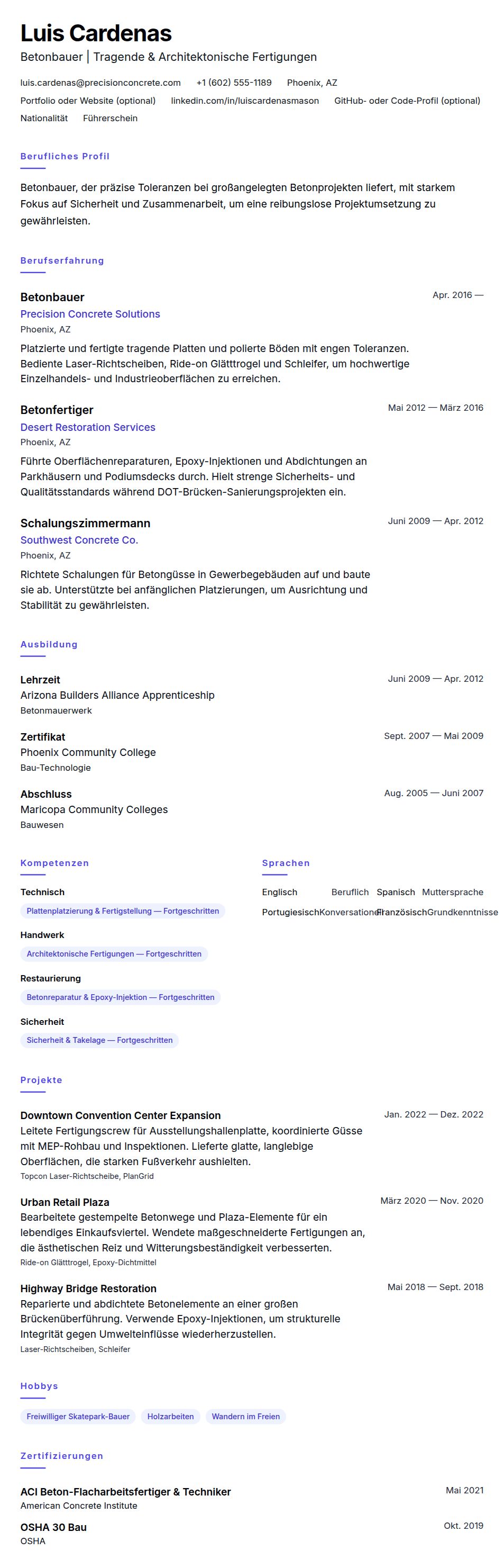 Lebenslaufvorschau für Betonbauer Lebenslauf-Beispiel