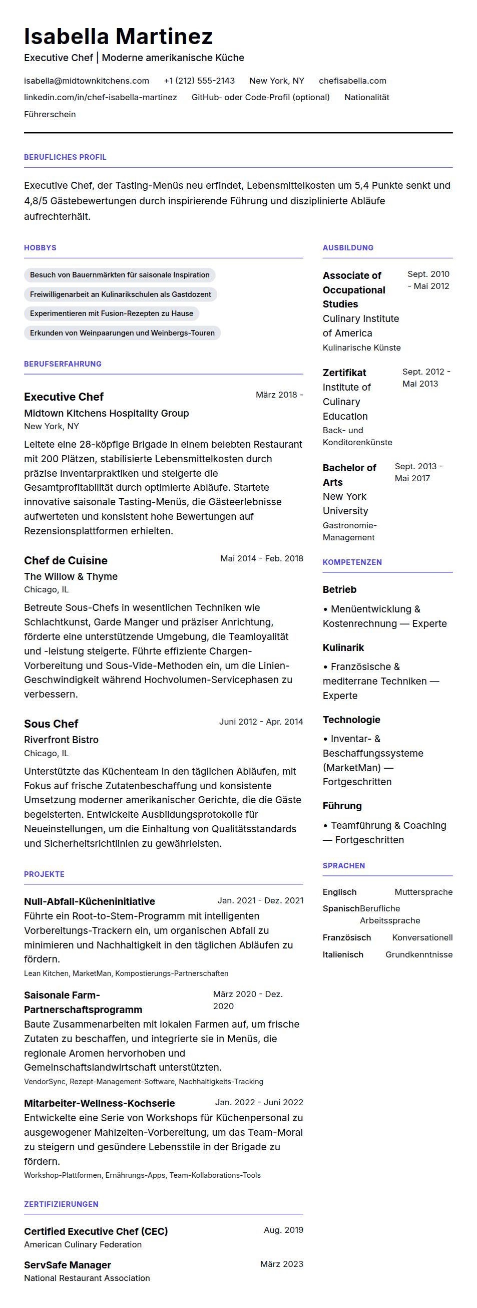 Chef-Lebenslauf-Beispiel