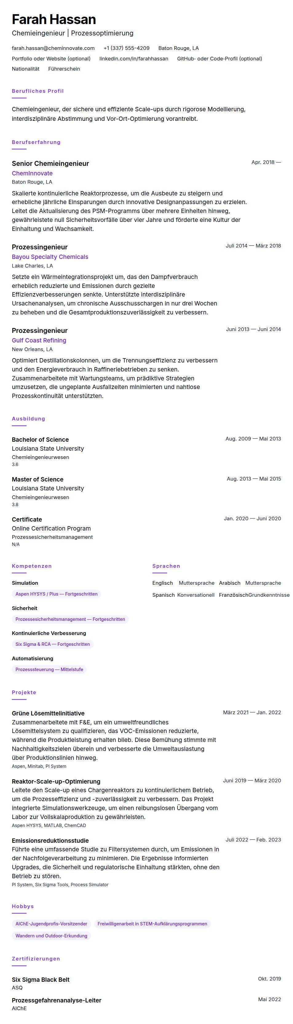 Lebenslaufbeispiel für Chemieingenieure
