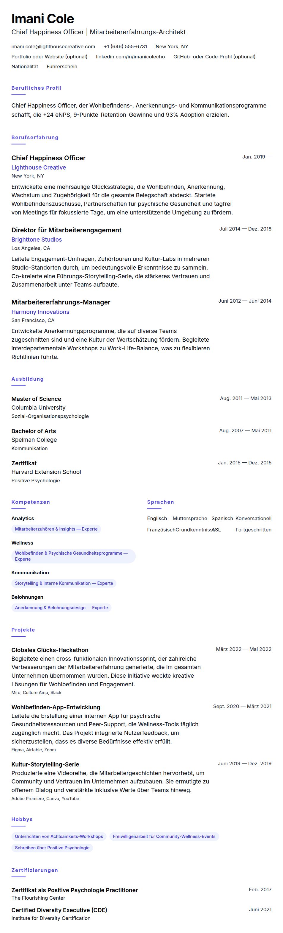 Lebenslaufvorschau für Lebenslaufbeispiel für Chief Happiness Officer (CHO)