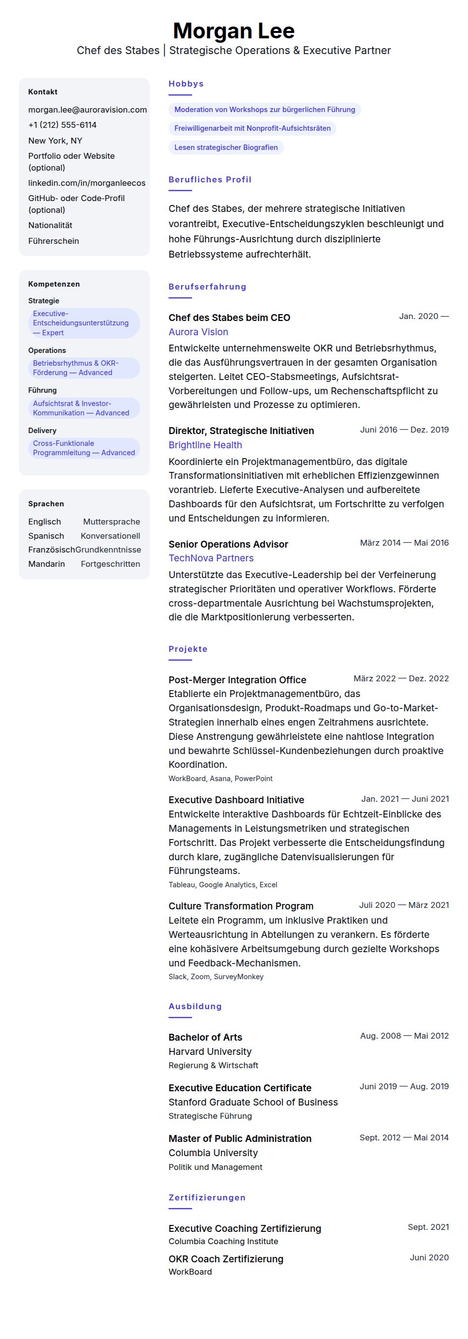 Lebenslaufvorschau für Chef des Stabes Lebenslaufbeispiel