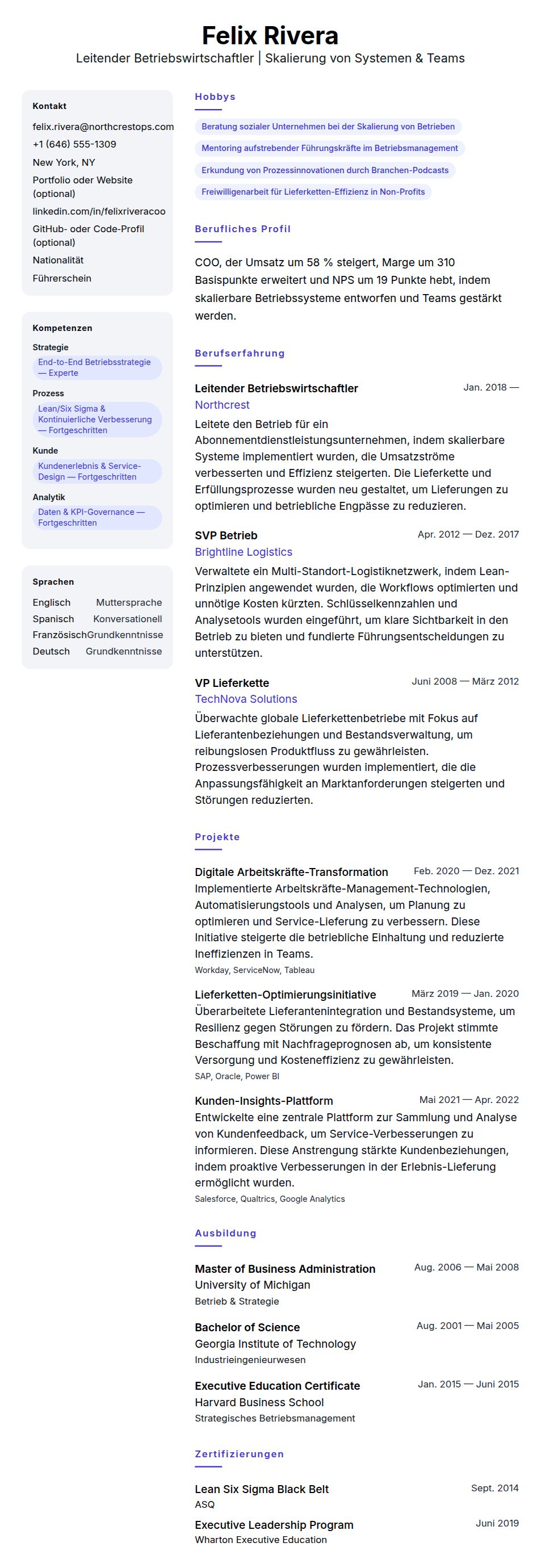 Lebenslaufvorschau für Leitender Betriebswirtschaftler Lebenslauf-Beispiel