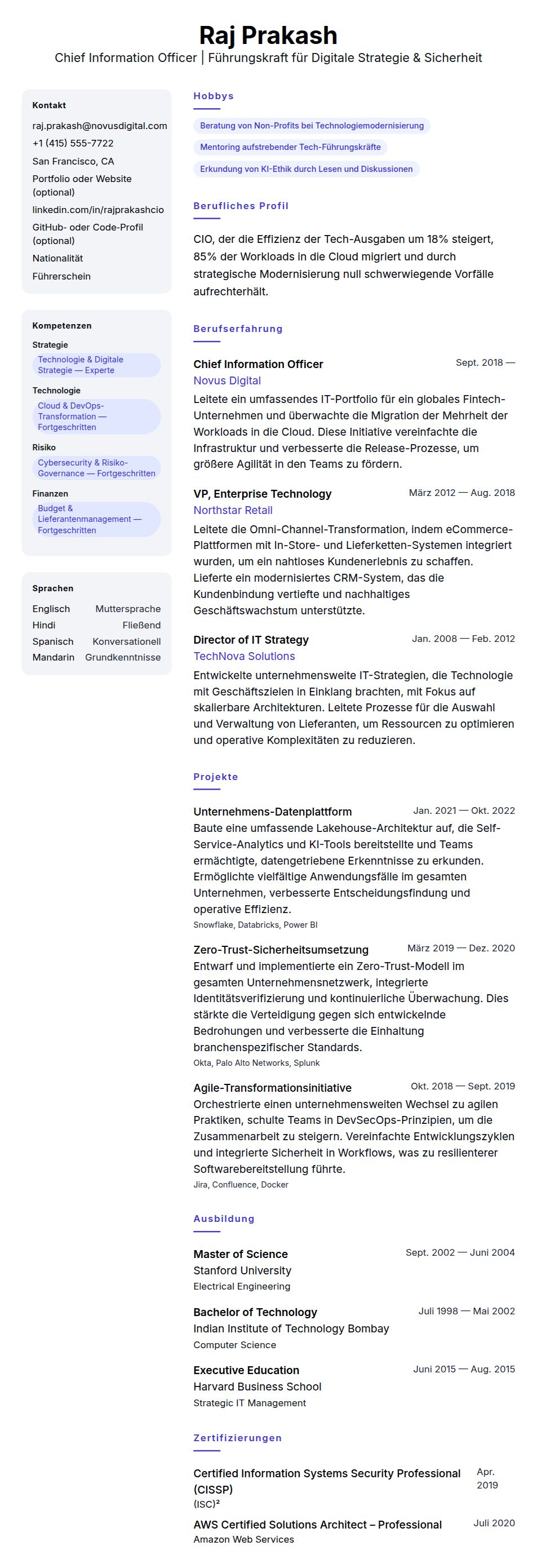 Lebenslaufvorschau für Lebenslaufbeispiel für Chief Information Officer