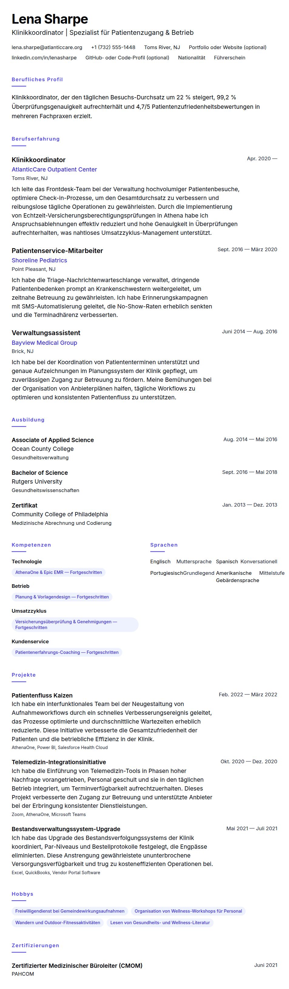 Lebenslaufvorschau für Klinikkoordinator Lebenslaufbeispiel