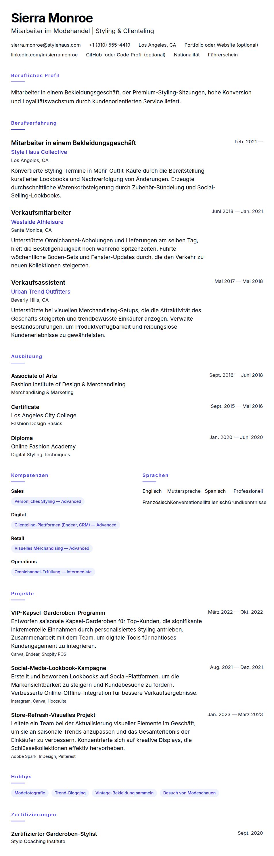 Lebenslaufvorschau für Lebenslaufbeispiel für Mitarbeiter in einem Bekleidungsgeschäft