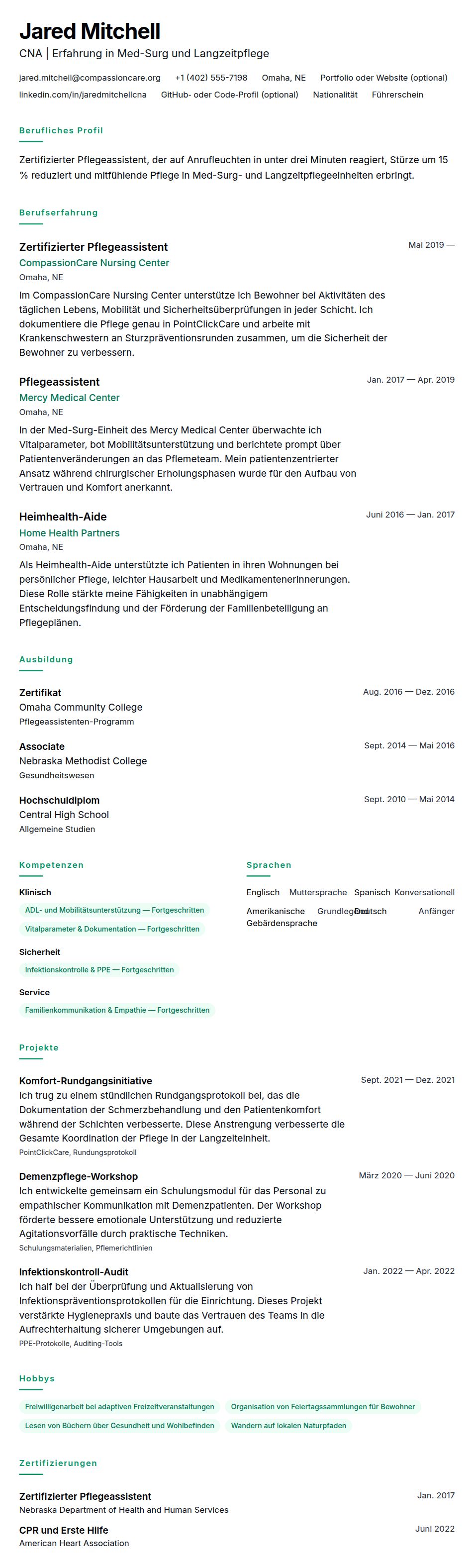 Lebenslaufvorschau für Lebenslaufbeispiel für Zertifizierten Pflegeassistenten (CNA)