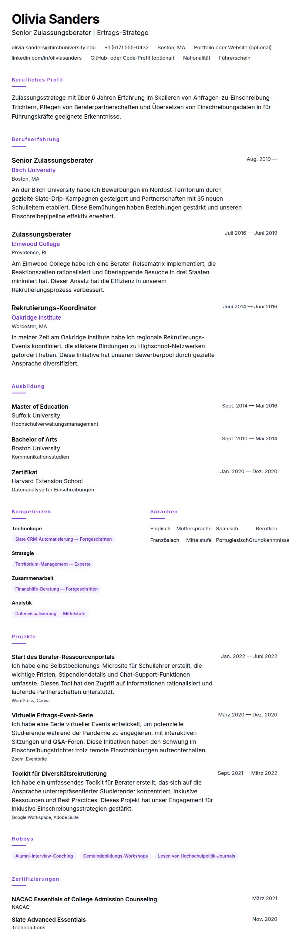 Lebenslaufvorschau für Lebenslauf-Beispiel für College-Zulassungsberater