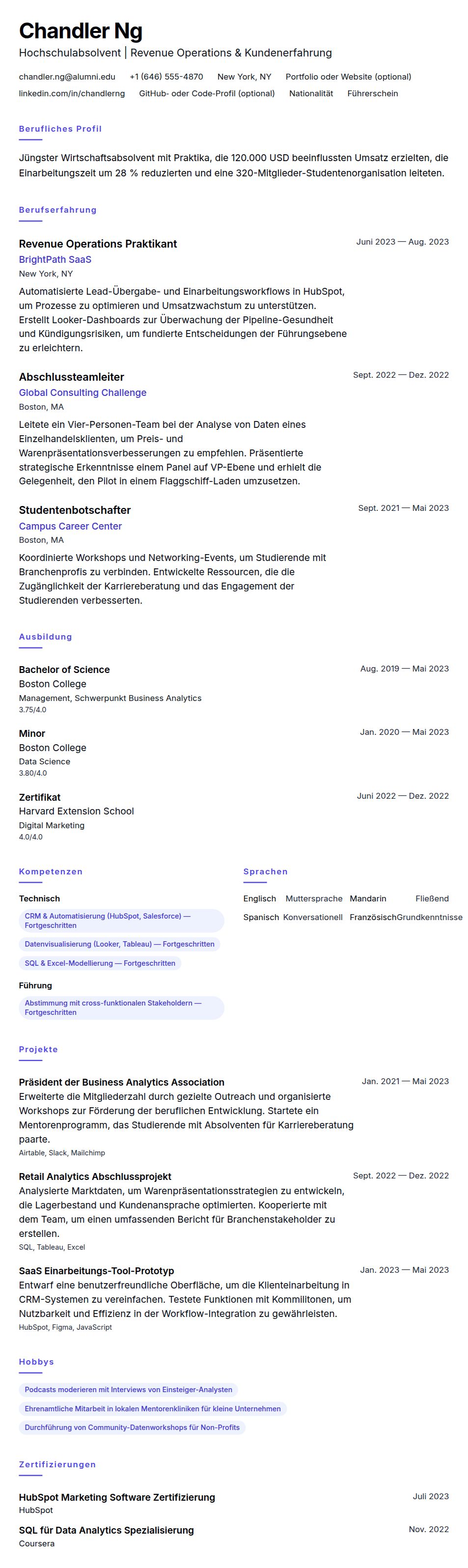 Lebenslaufbeispiel für Hochschulabsolventen