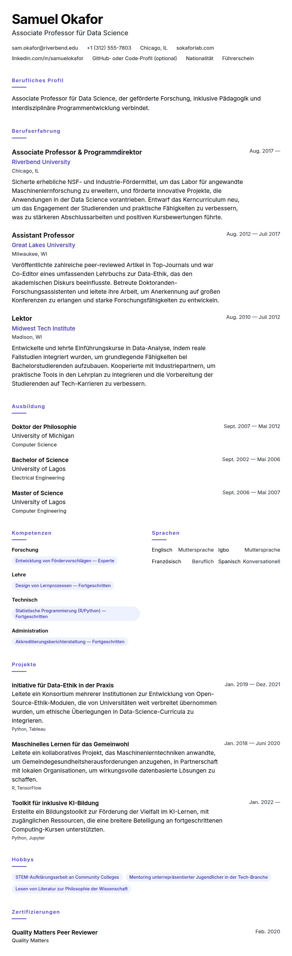 Lebenslaufvorschau für Beispiel für einen Lebenslauf als Hochschulprofessor