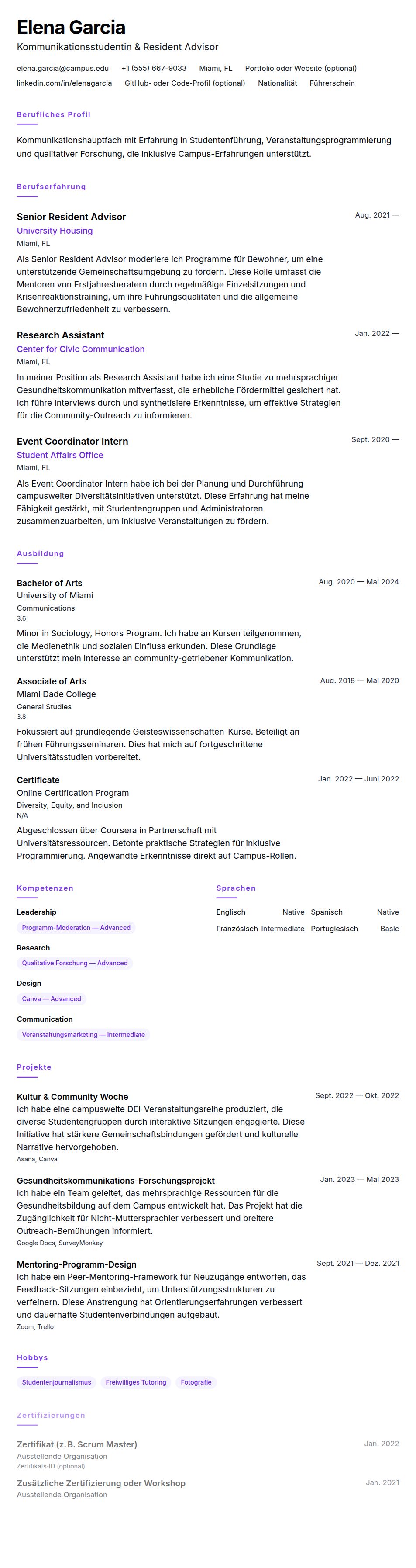 Lebenslaufvorschau für College-Student Lebenslauf-Beispiel