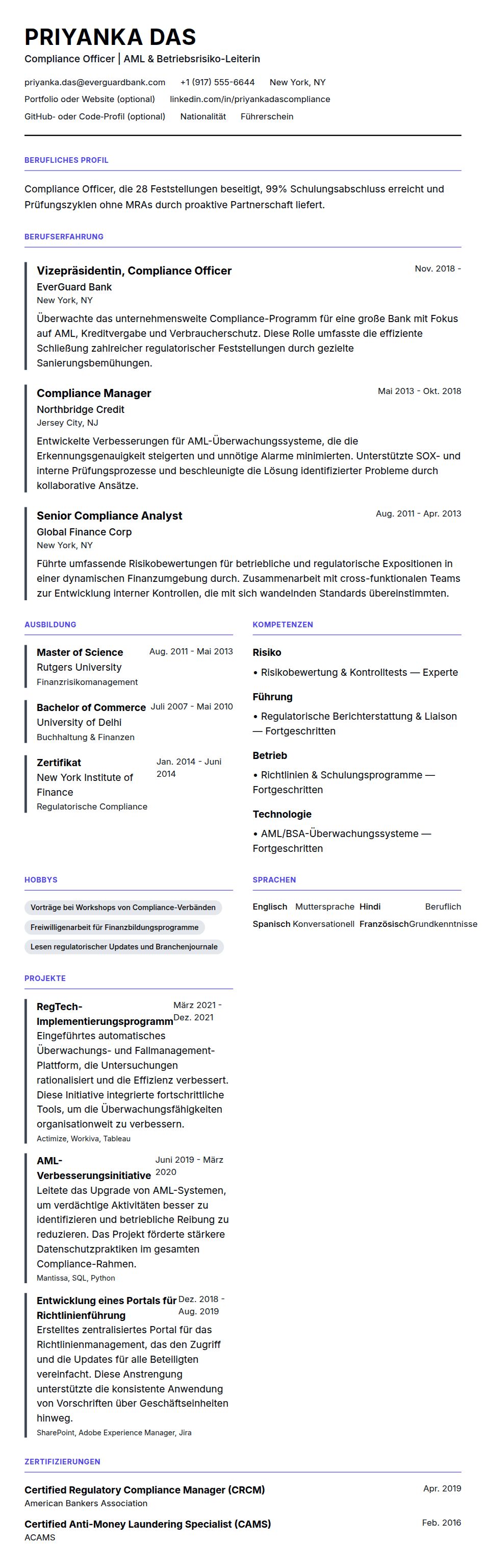 Lebenslaufvorschau für Compliance Officer Lebenslauf-Beispiel