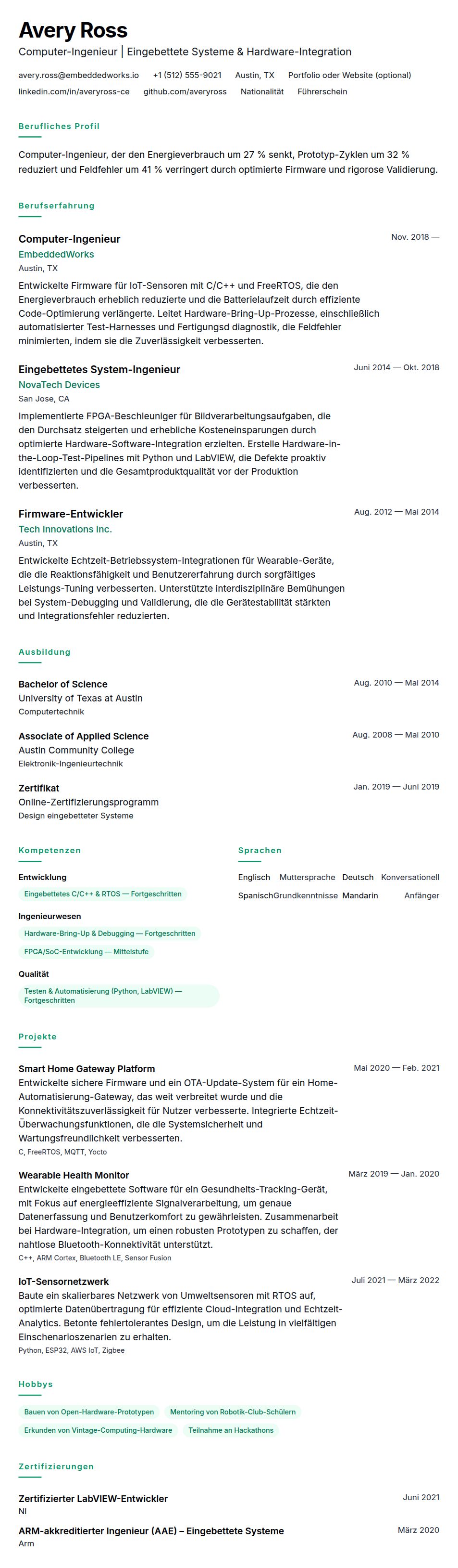 Lebenslaufvorschau für Beispiel für einen Lebenslauf als Computer-Ingenieur