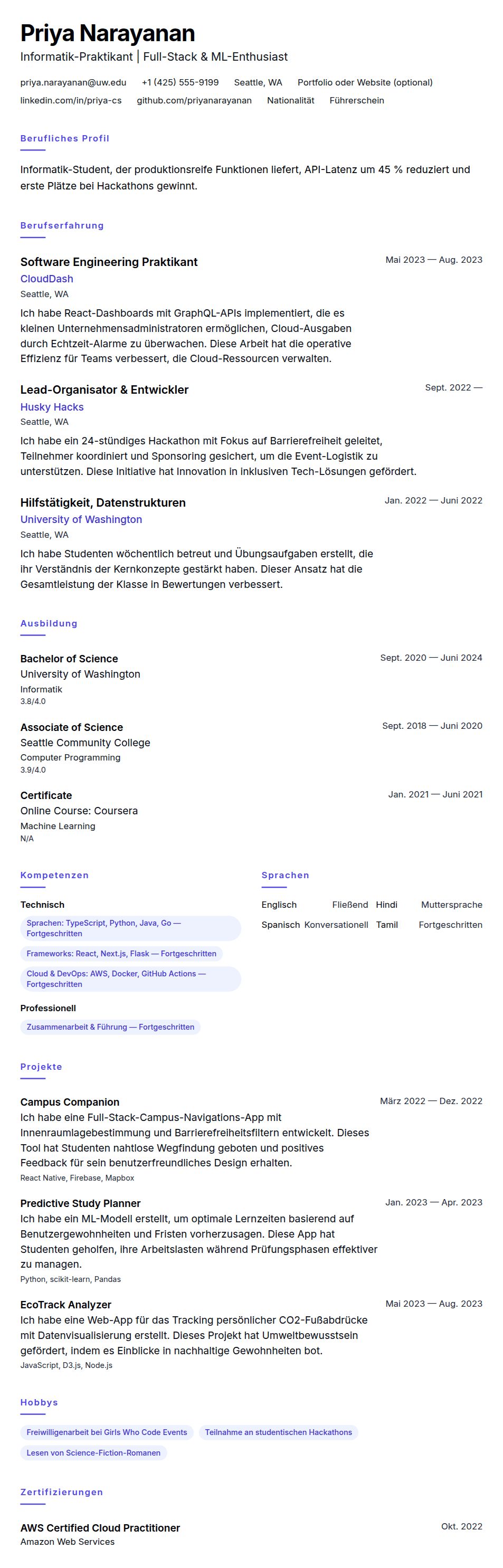 Lebenslaufvorschau für Informatik-Praktikum Lebenslauf-Beispiel