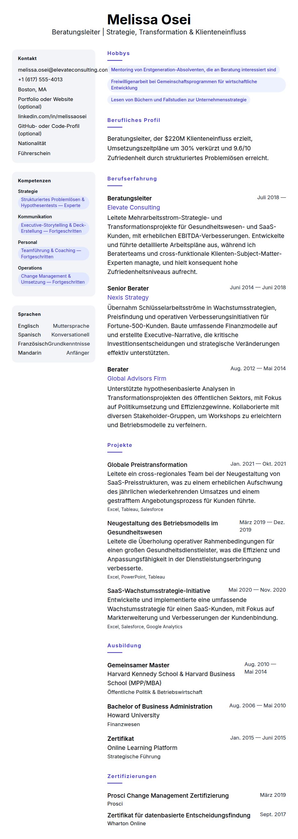 Lebenslaufvorschau für Beispiel-Lebenslauf für Beratungsleiter