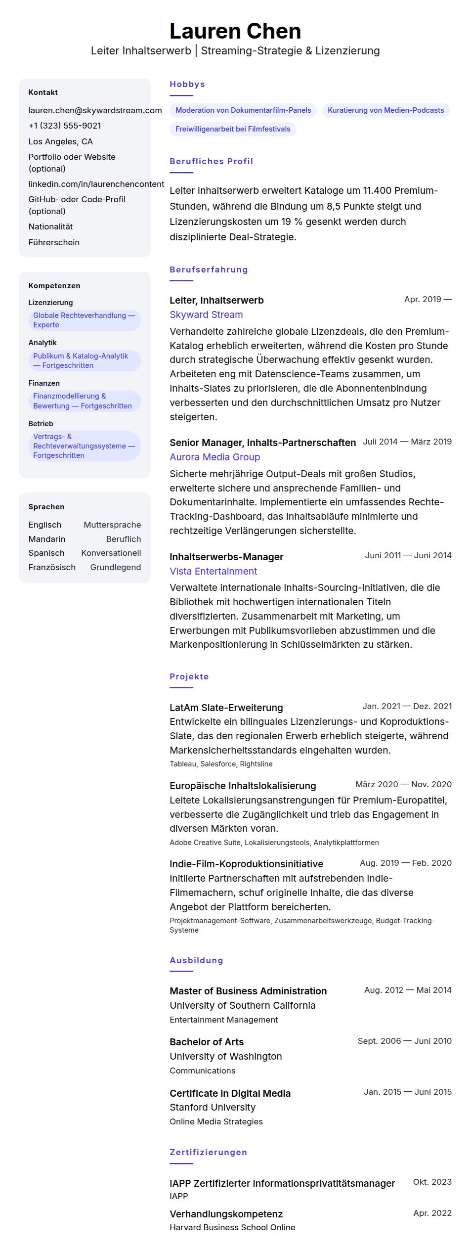 Lebenslaufbeispiel für Leiter Inhaltserwerb