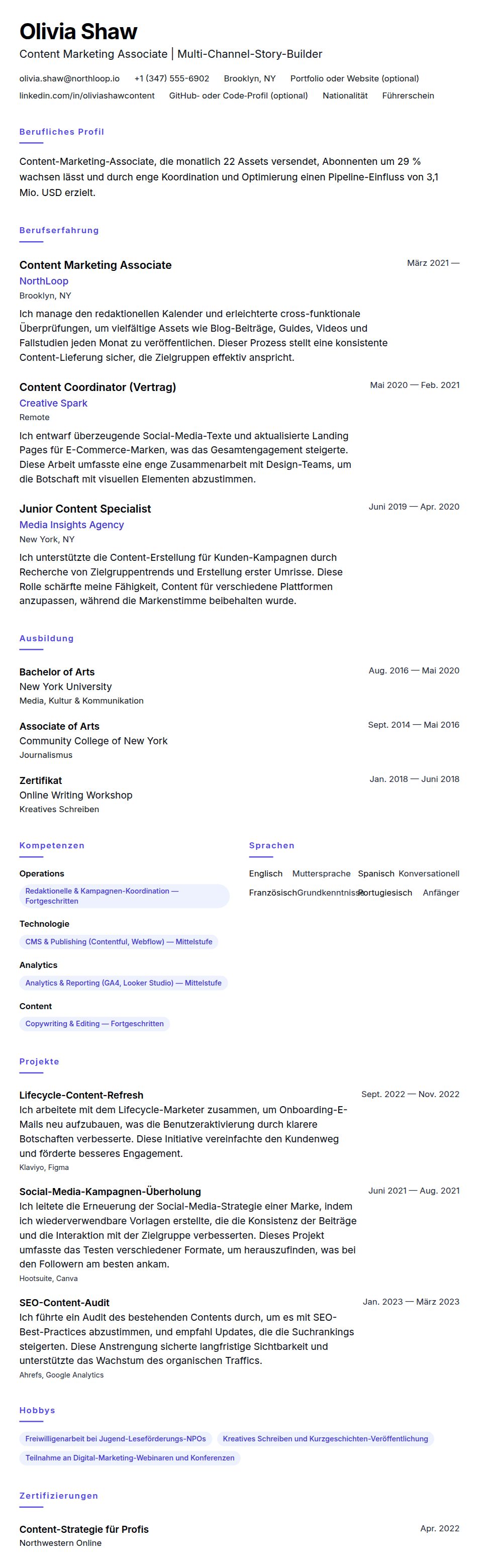 Lebenslaufvorschau für Content Marketing Associate Lebenslauf-Beispiel