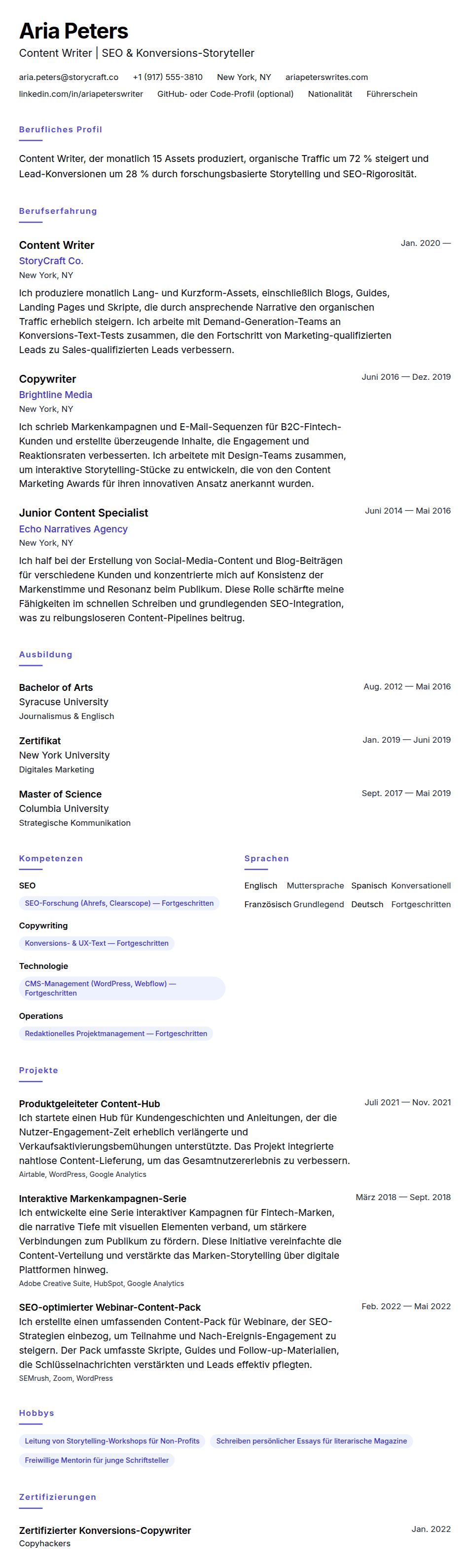 Lebenslaufvorschau für Content Writer Lebenslaufbeispiel