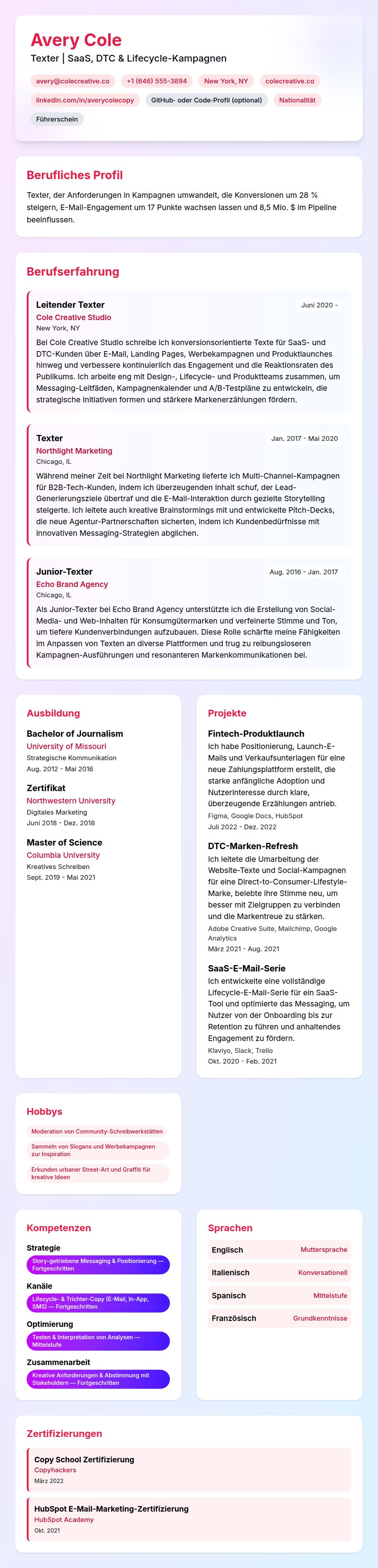 Lebenslaufbeispiel für Texter
