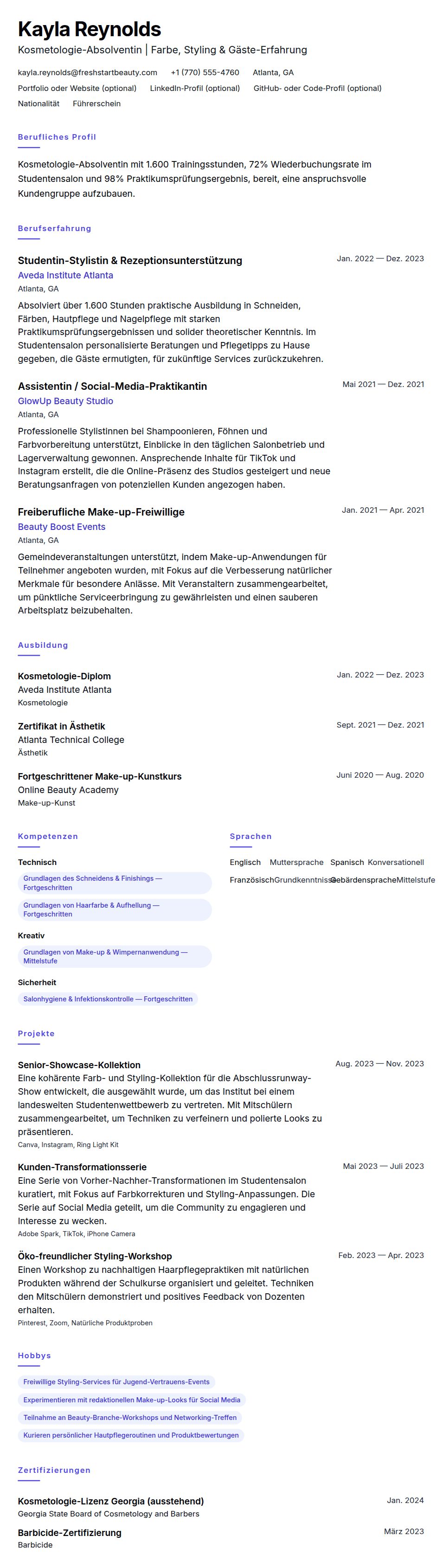 Lebenslaufvorschau für Beispiel-Lebenslauf für Kosmetologie-Absolventin