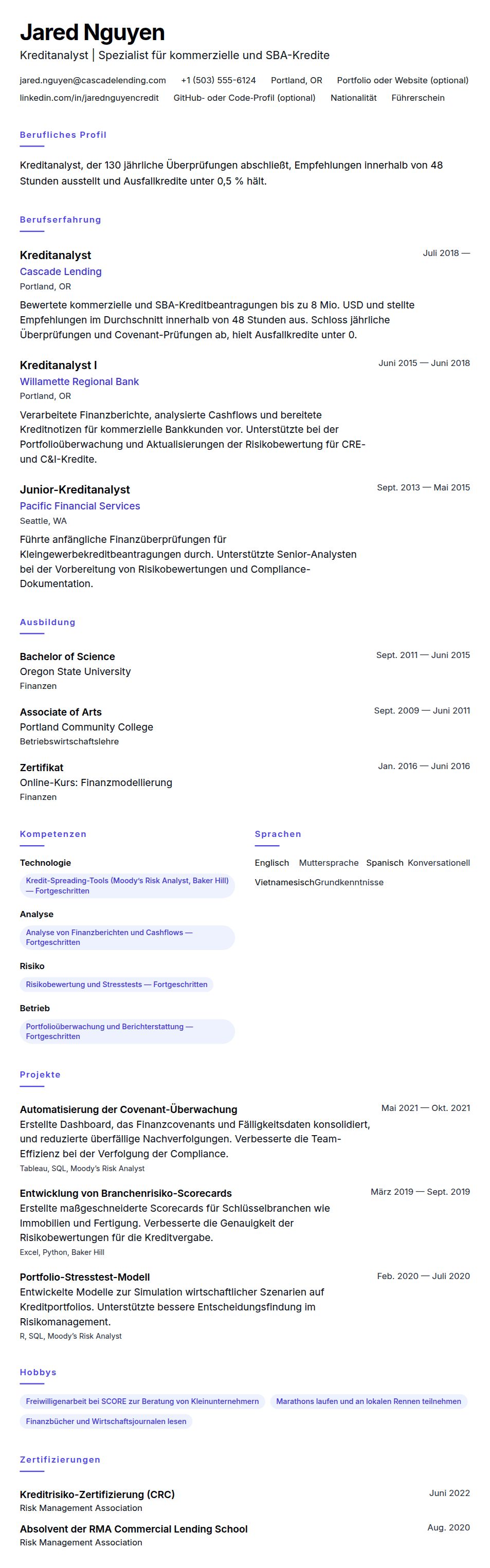 Lebenslaufvorschau für Kreditanalyst Lebenslauf-Beispiel