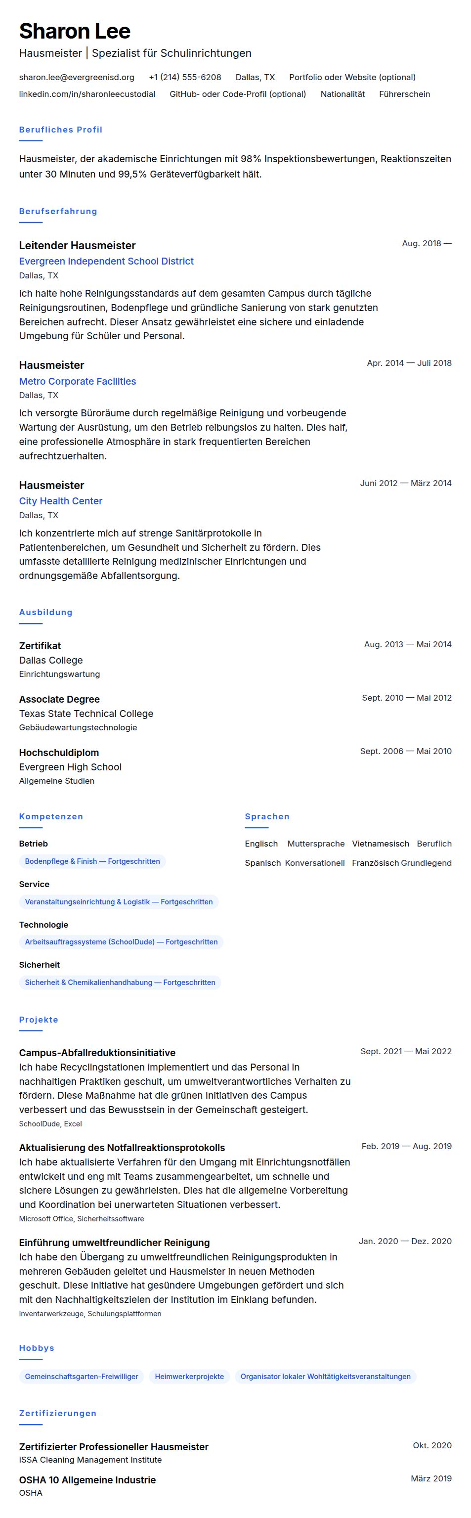 Lebenslaufvorschau für Hausmeister-Lebenslauf-Beispiel