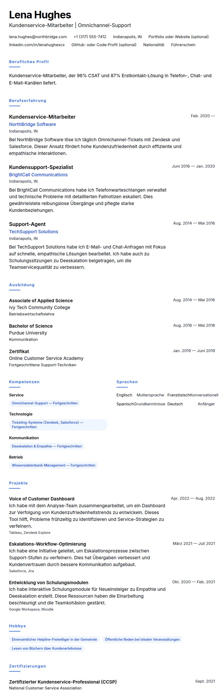 Lebenslaufvorschau für Lebenslauf-Beispiel für Kundenservice-Mitarbeiter