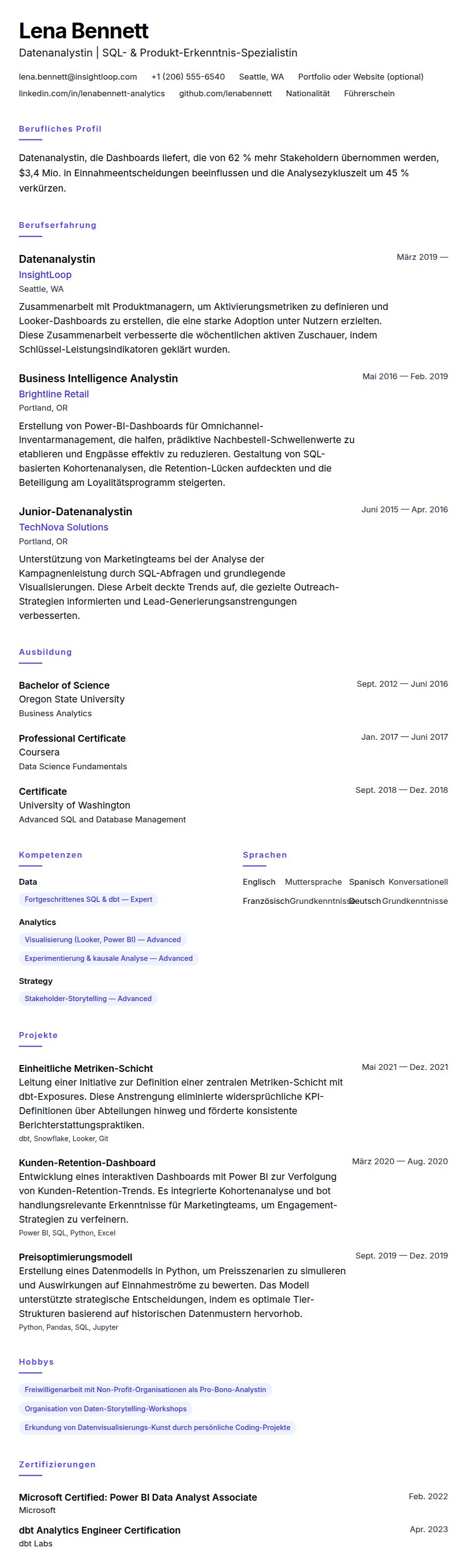 Lebenslaufvorschau für Datenanalyst Lebenslauf-Beispiel