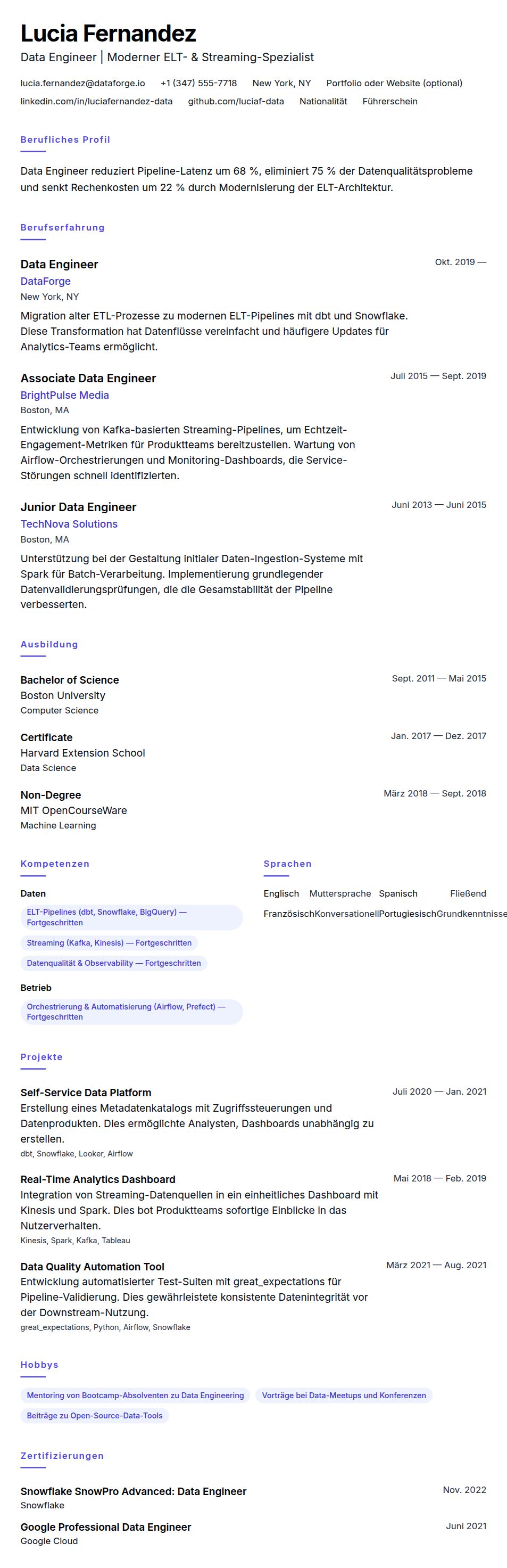 Lebenslaufvorschau für Data Engineer Lebenslauf-Beispiel