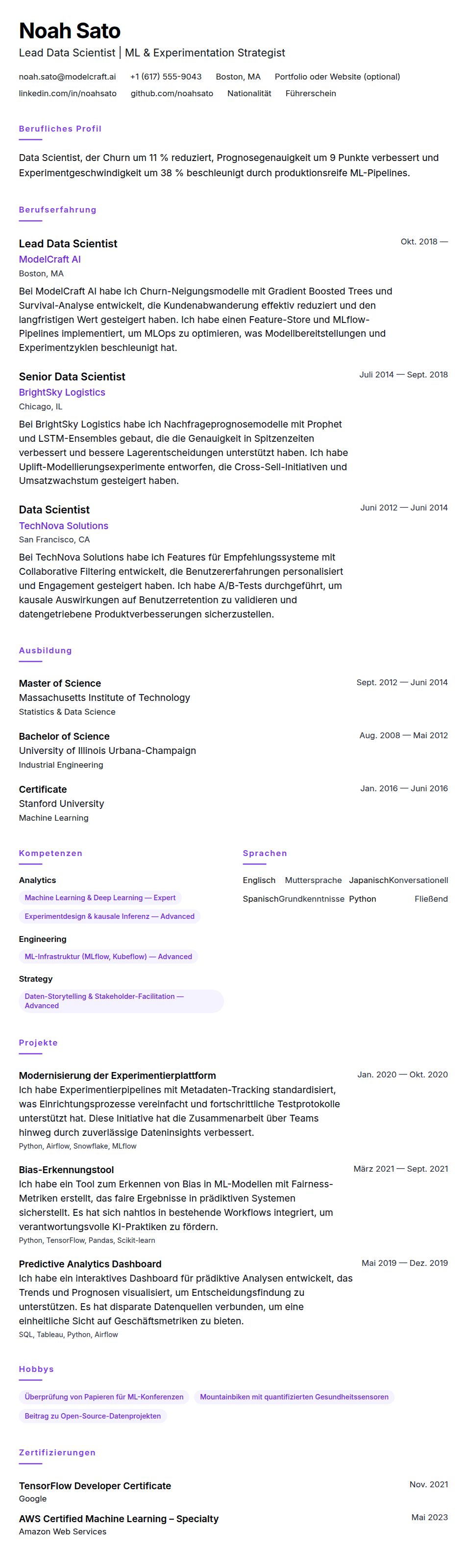 Lebenslaufvorschau für Data Scientist Lebenslaufbeispiel