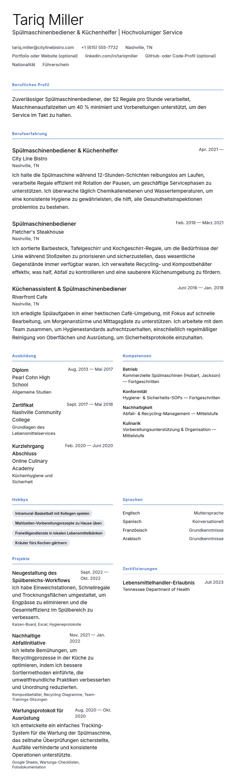Lebenslaufvorschau für Spülmaschinenbediener Lebenslauf Beispiel