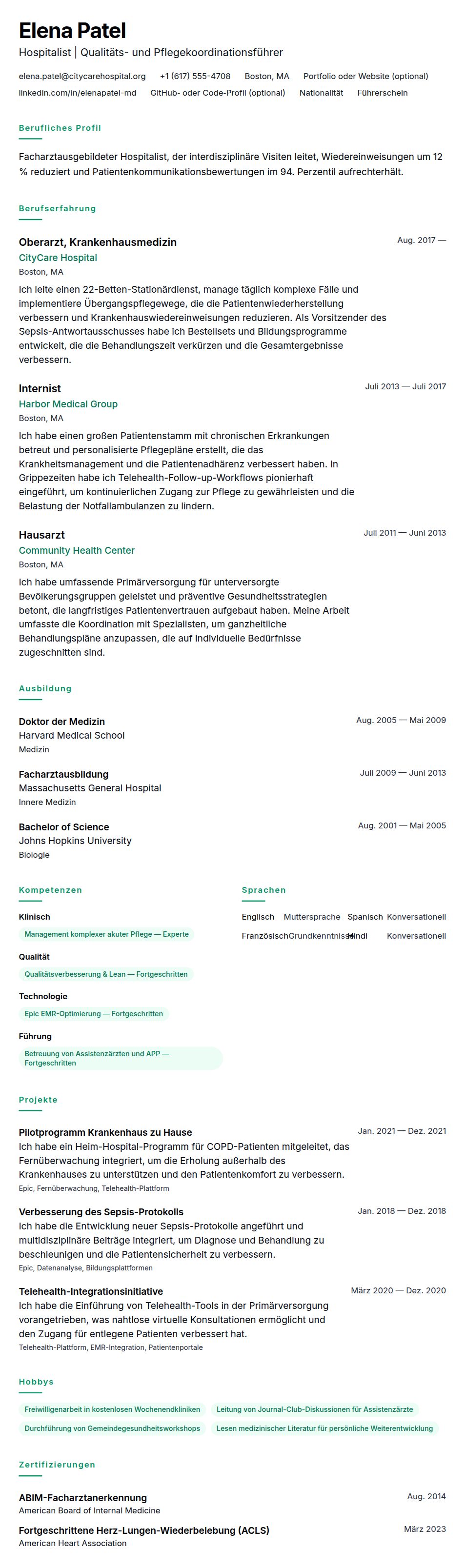 Lebenslaufvorschau für Arzt-Lebenslauf-Beispiel