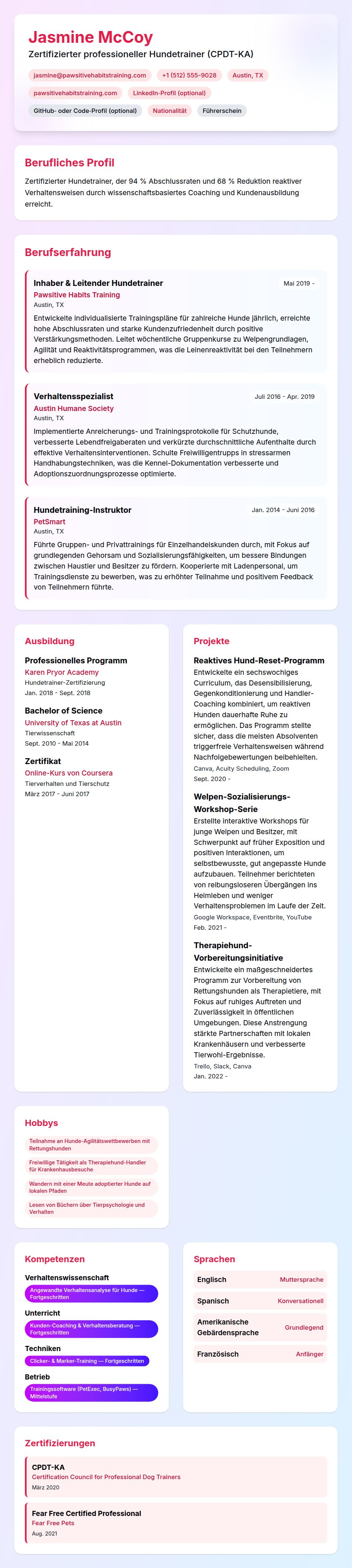 Lebenslaufvorschau für Hundetrainer-Lebenslauf-Beispiel