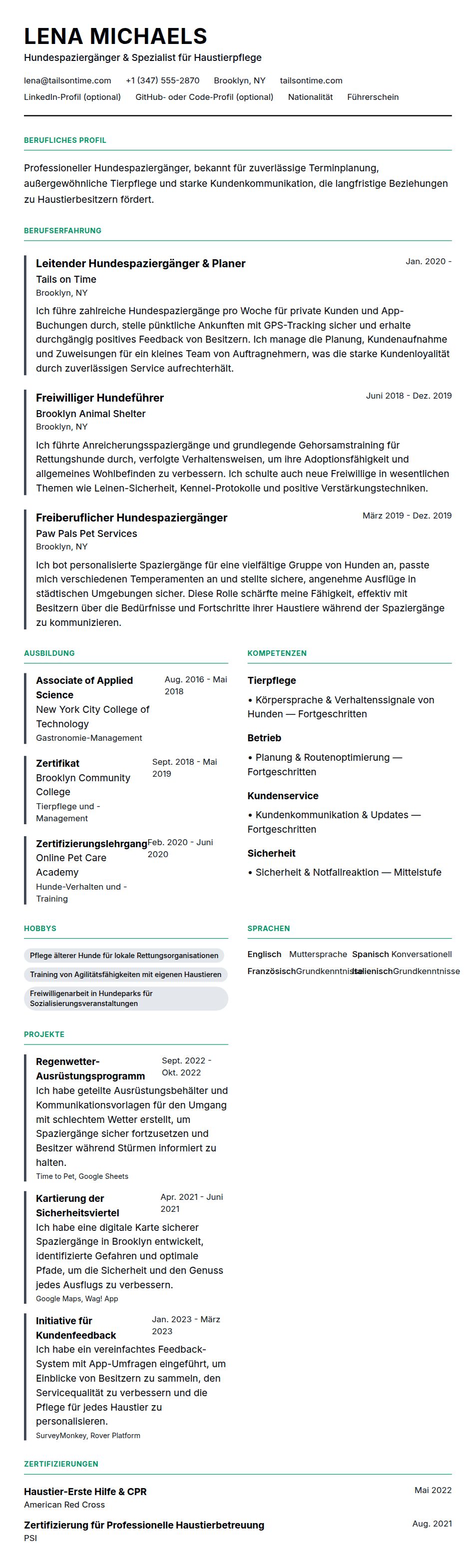 Lebenslaufvorschau für Beispiel-Lebenslauf für Hundespaziergänger