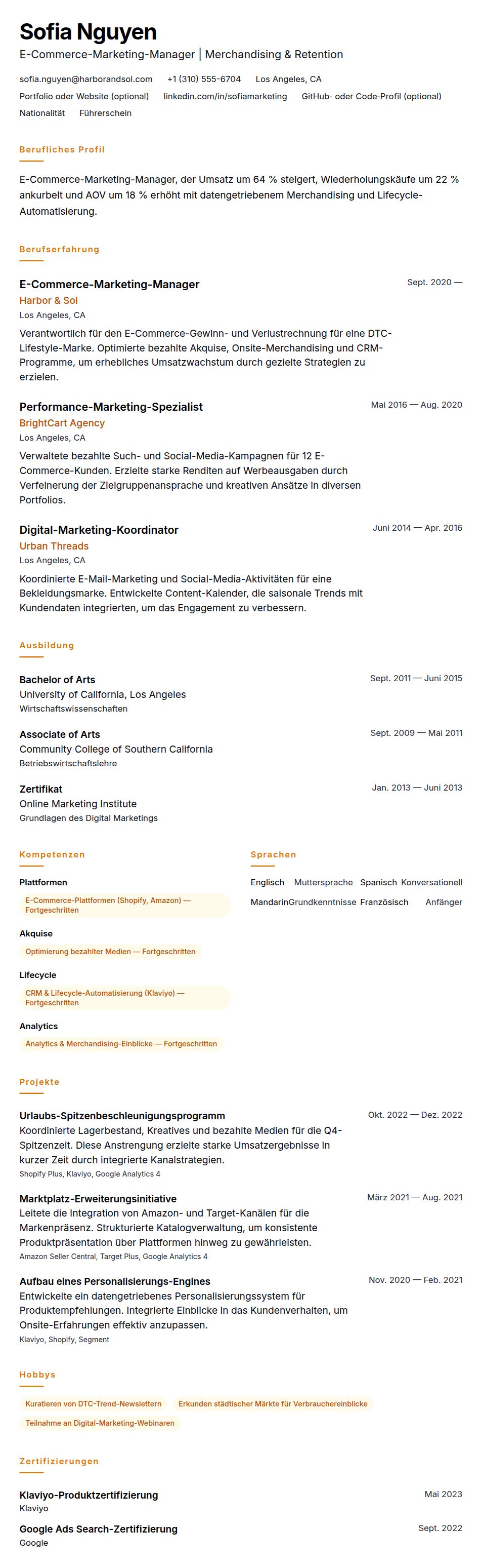 Lebenslaufvorschau für Lebenslaufbeispiel für E-Commerce-Marketing-Manager