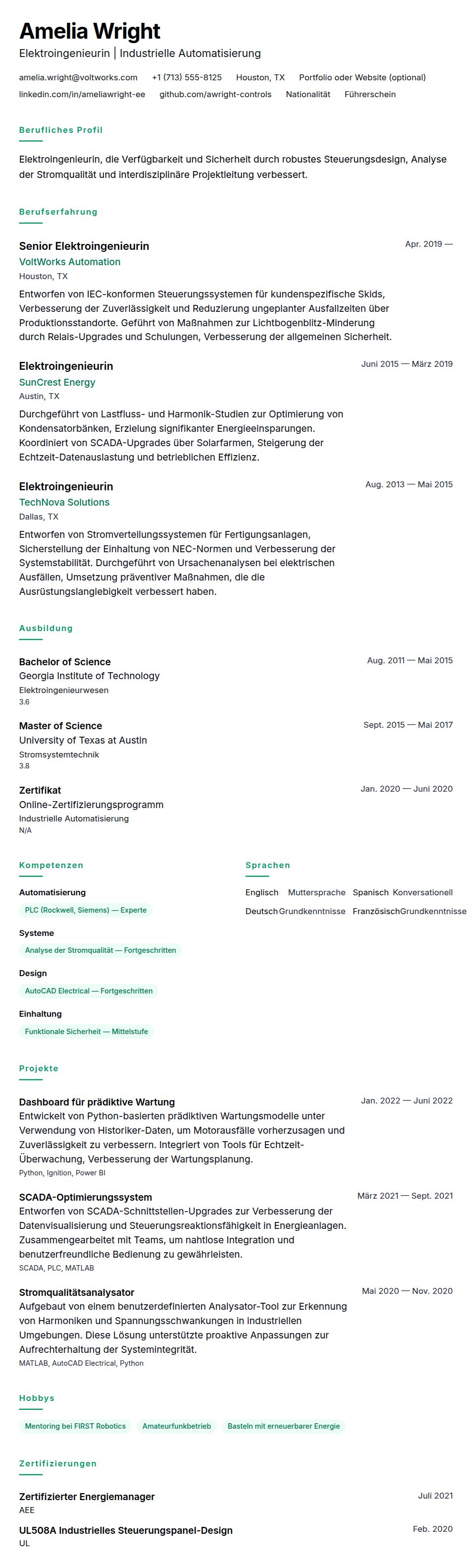 Lebenslaufvorschau für Beispiel-Lebenslauf für Elektroingenieur
