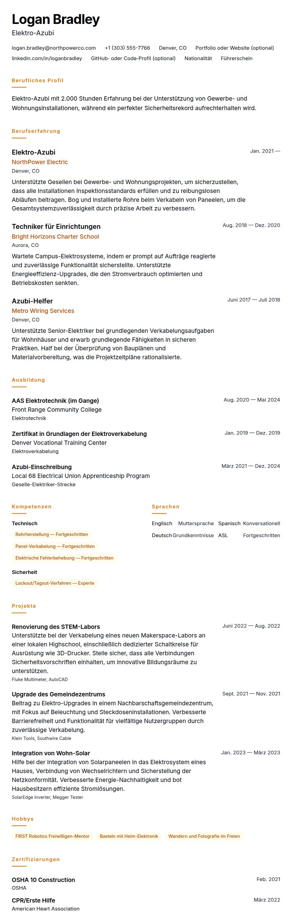 Lebenslaufvorschau für Elektriker-Azubi Lebenslauf-Beispiel