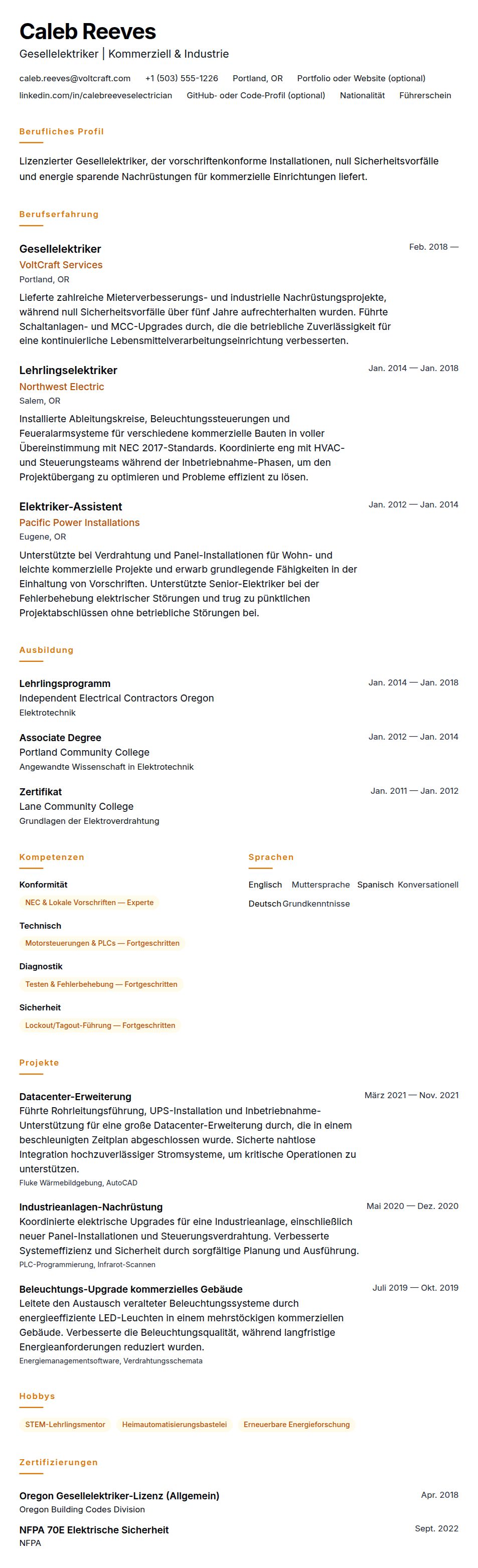 Lebenslaufvorschau für Elektriker-Lebenslauf-Beispiel