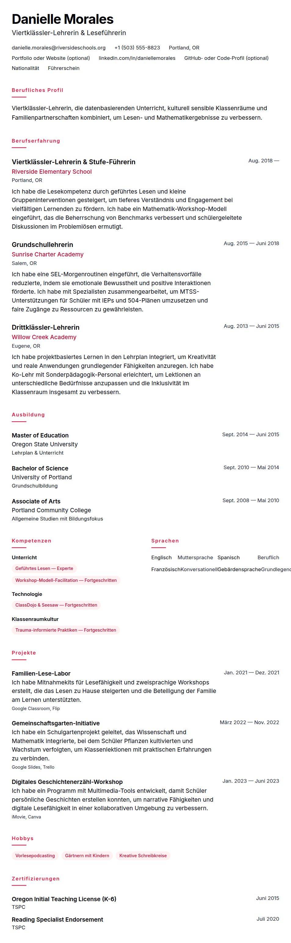 Lebenslaufvorschau für Grundschullehrer-Lebenslauf-Beispiel